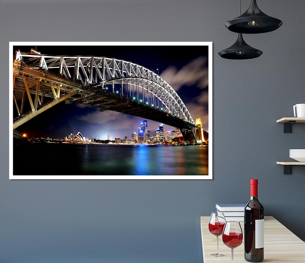 Sydney Harbour Bridge Night Light Reflections Print Poster Wall Art