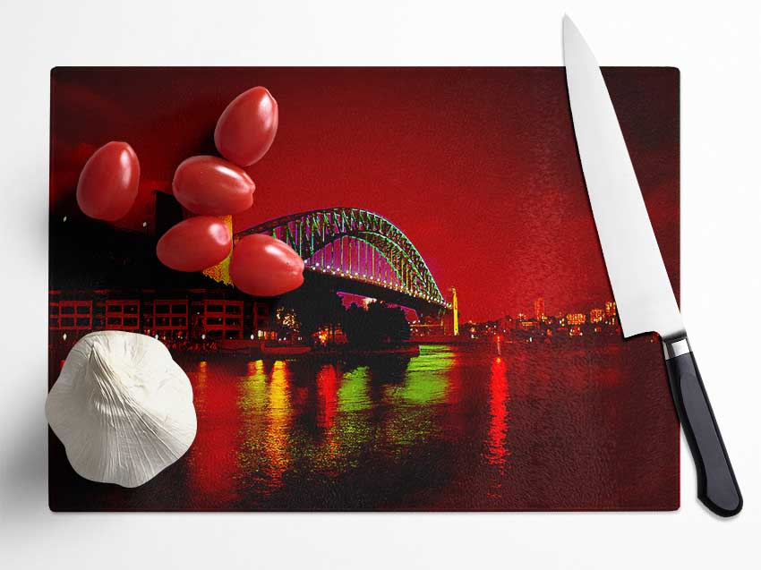 Sydney Harbour Bridge Red Glow Glass Chopping Board