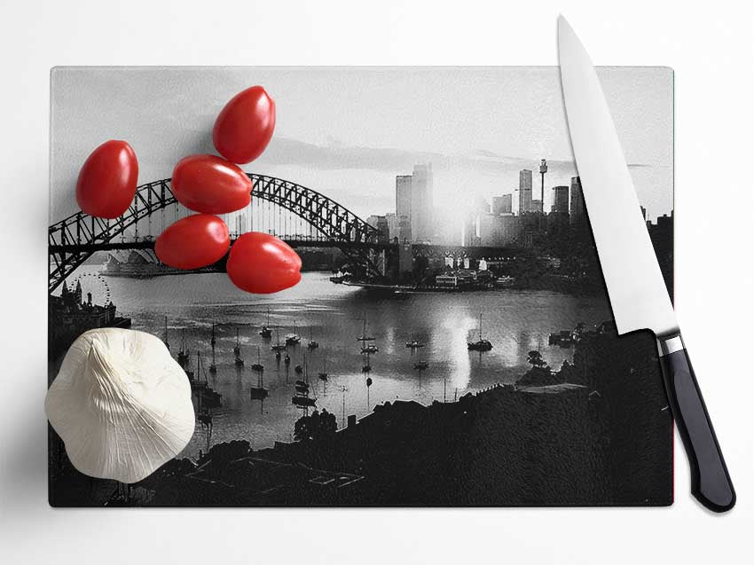 Sydney Harbour Sun Blaze B n W Glass Chopping Board