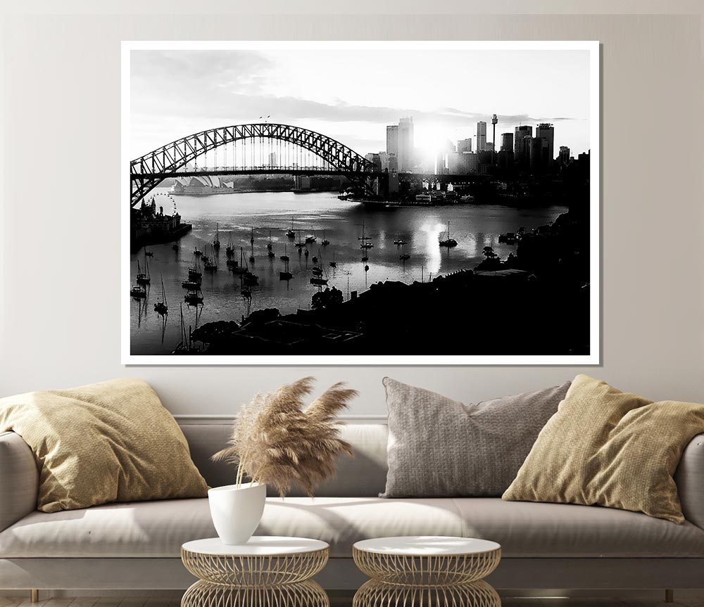 Sydney Harbour Sun Blaze B N W Print Poster Wall Art