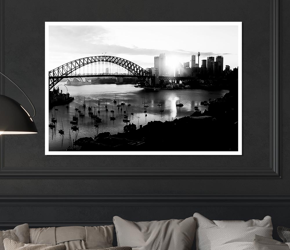 Sydney Harbour Sun Blaze B N W Print Poster Wall Art