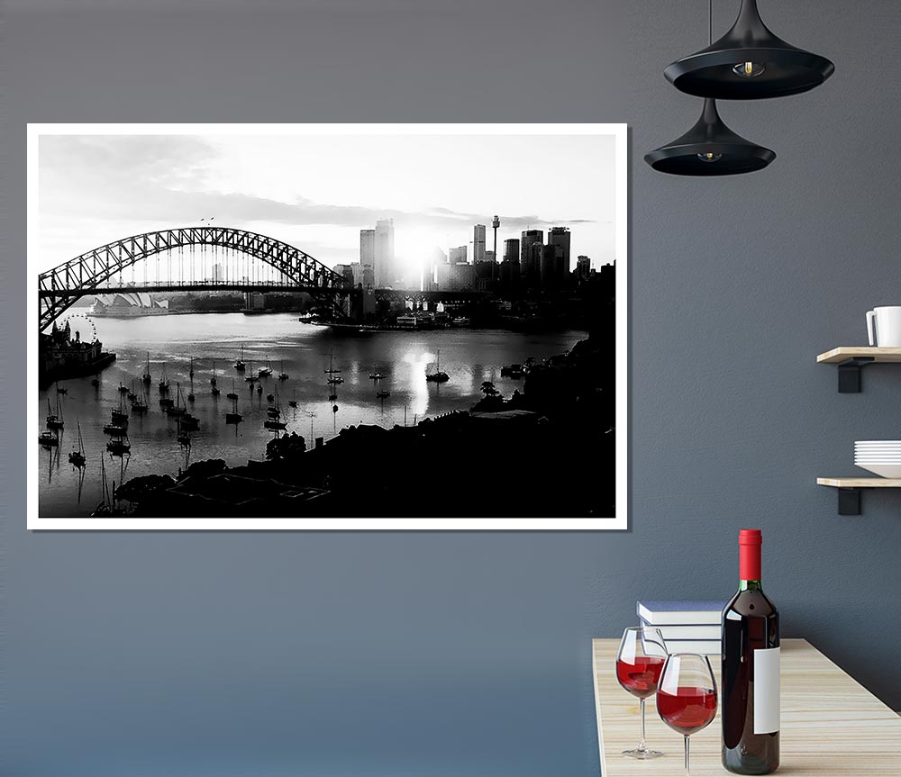 Sydney Harbour Sun Blaze B N W Print Poster Wall Art