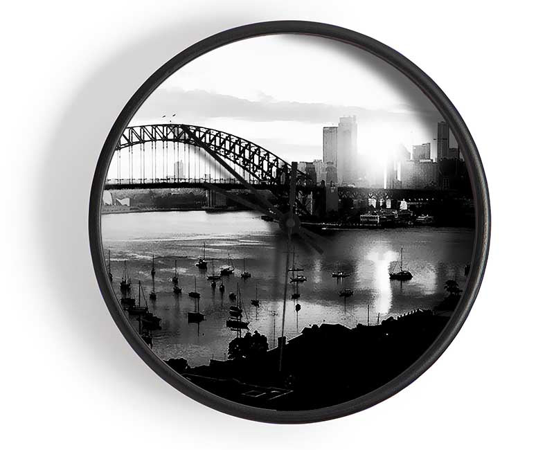 Sydney Harbour Sun Blaze B n W Clock - Wallart-Direct UK