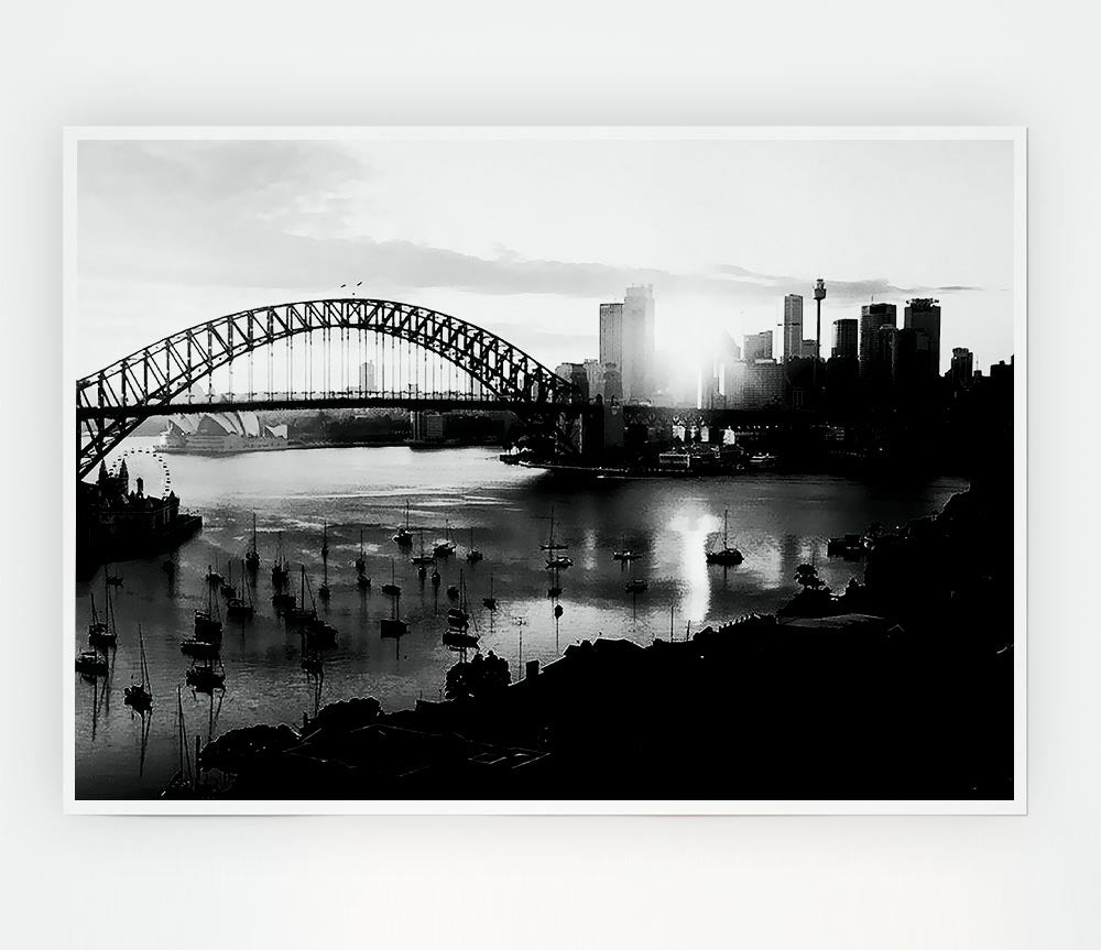 Sydney Harbour Sun Blaze B N W Print Poster Wall Art