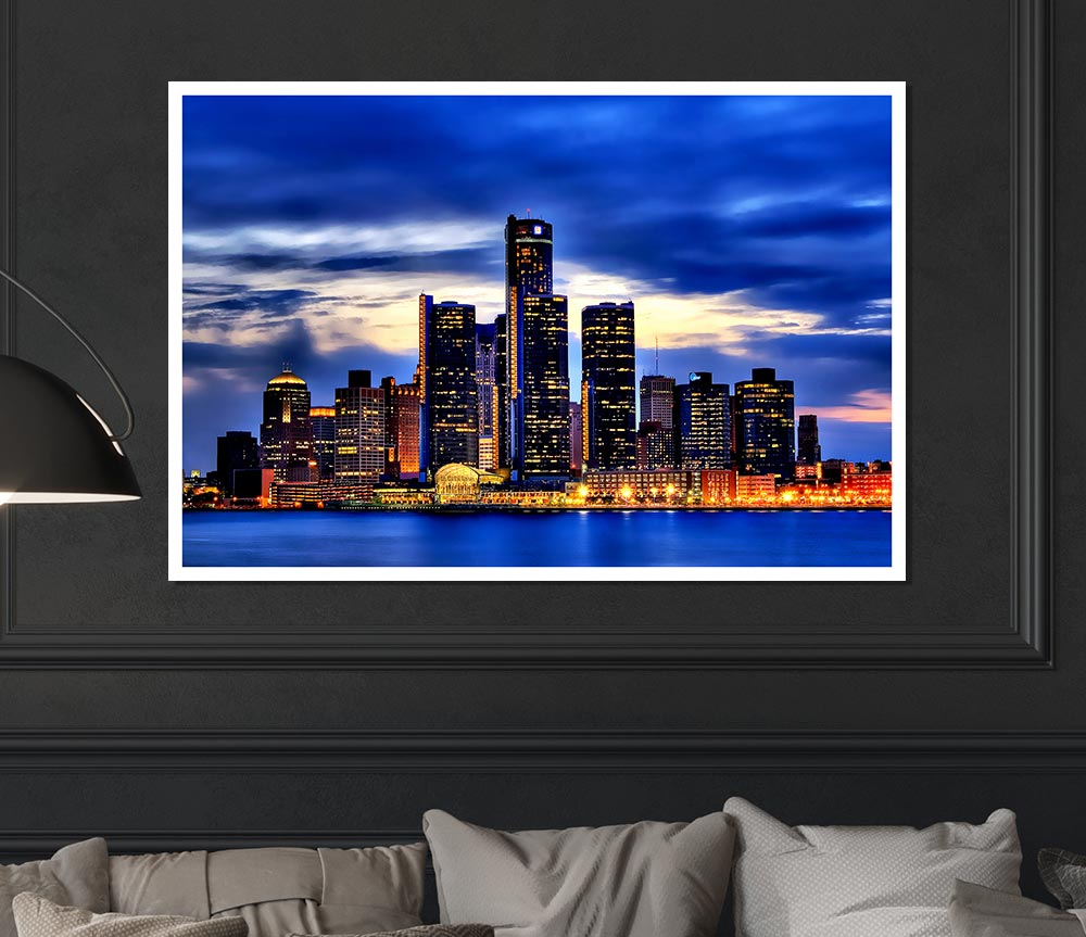 The City Of Lights Blue Golden Print Poster Wall Art