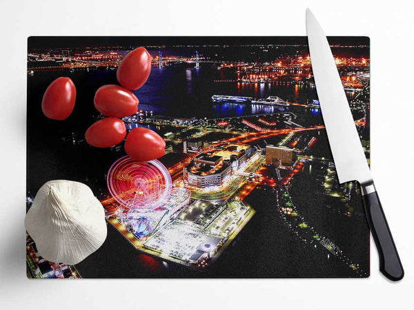 Tokyo City Funfair Night Lights Glass Chopping Board