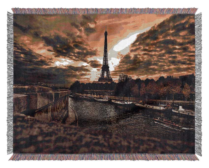 Eiffel Tower Sepia Clouds Woven Blanket