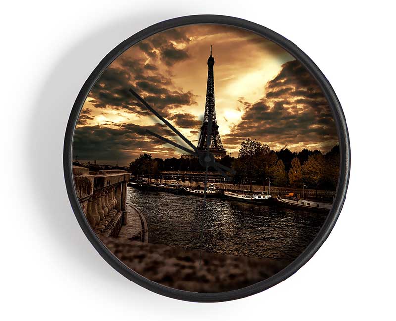 Eiffel Tower Sepia Clouds Clock - Wallart-Direct UK