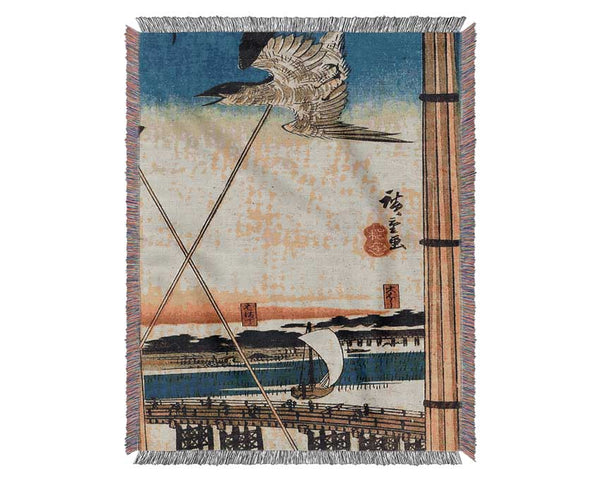 Hiroshige A Cuckoo Flying Past Masts Woven Blanket