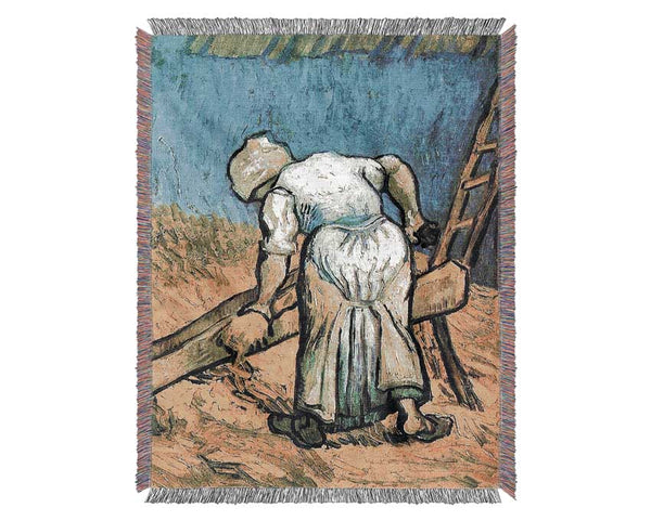 Van Gogh A Farmer Cutting Hay Woven Blanket