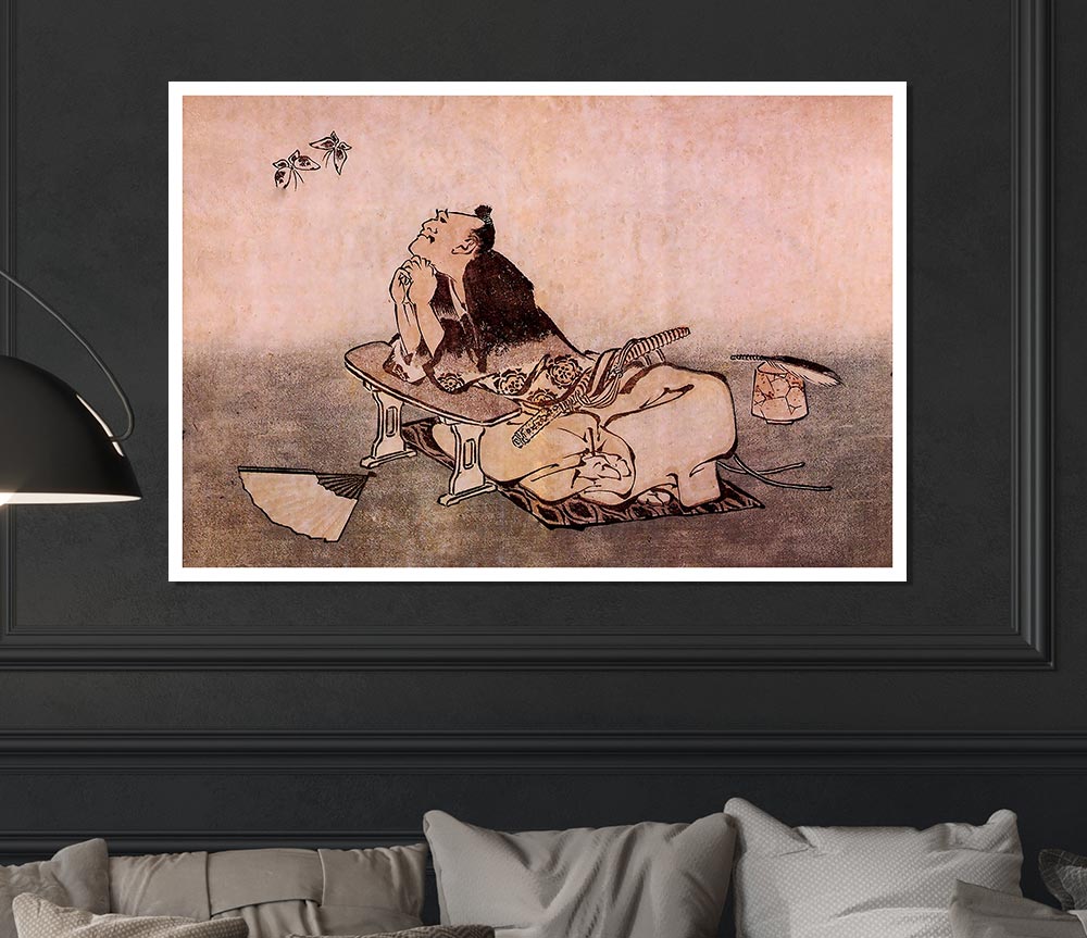 Hokusai A Philosopher Looking At Two Butterflies Print Poster Wall Art