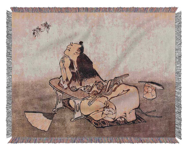 Hokusai A Philosopher Looking At Two Butterflies Woven Blanket