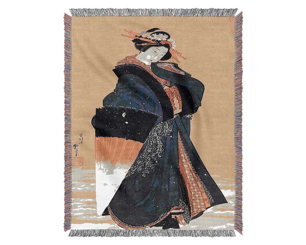 Hokusai Beauty With Umbrella In The Snow Woven Blanket