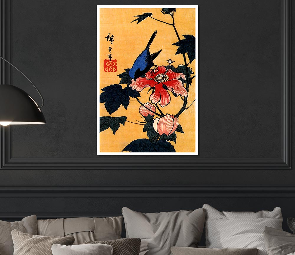 Hiroshige Bird On A Hibiscus Flower Print Poster Wall Art