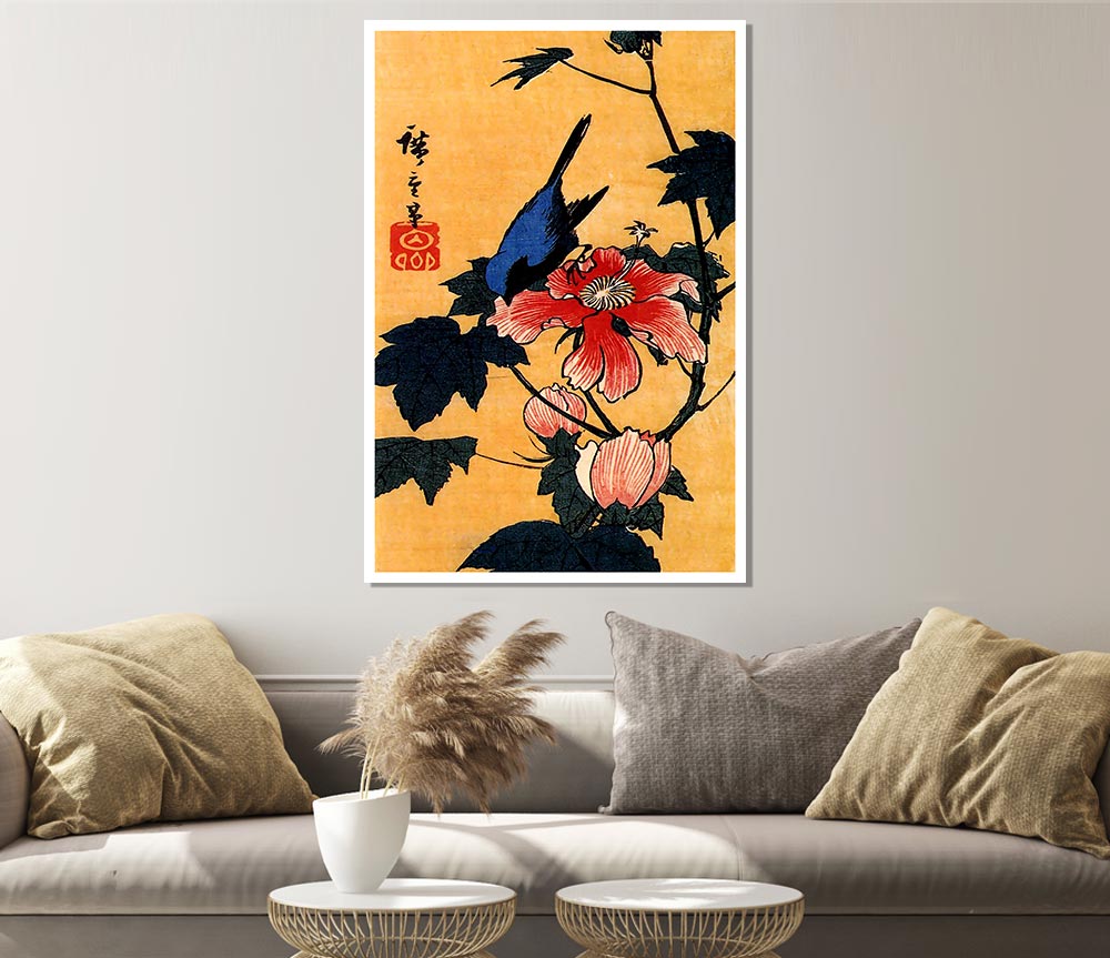 Hiroshige Bird On A Hibiscus Flower Print Poster Wall Art