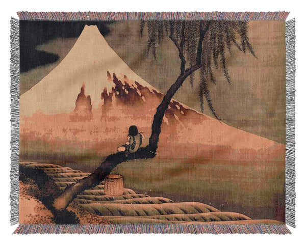 Hokusai Boy In Front Of Fujiama Woven Blanket