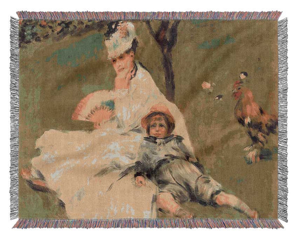 Renoir Camille Monet And Her Son Jean In The Garden Of Argenteuil Woven Blanket