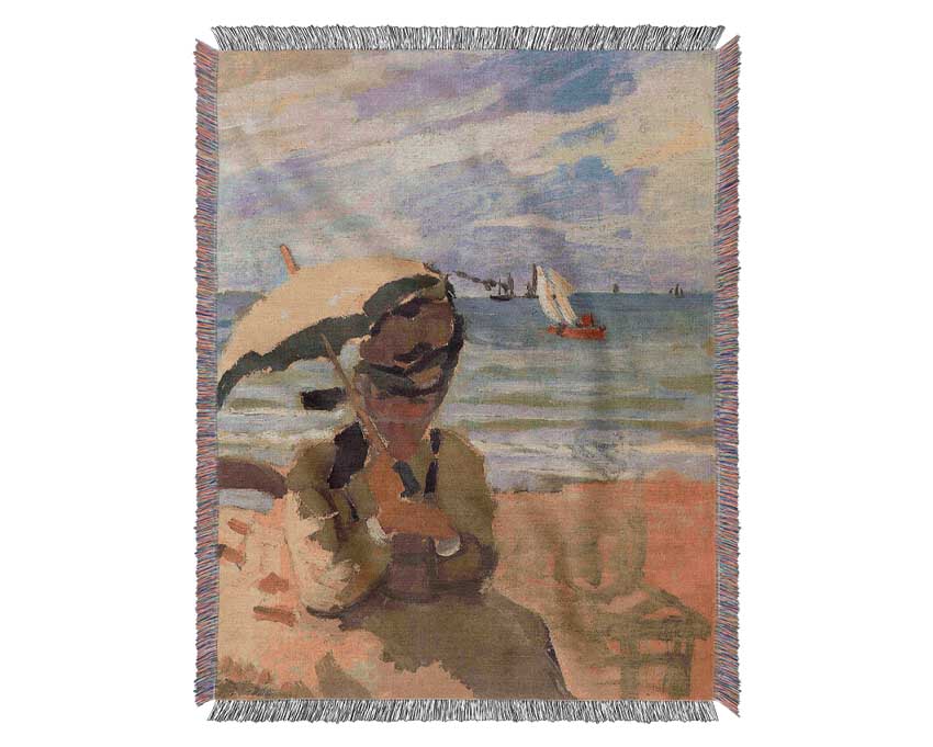 Monet Camille Monet On The Beach At Trouville Woven Blanket