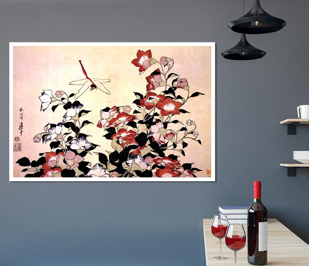 Hokusai Chinese Bell Flower And Dragon Fly Print Poster Wall Art