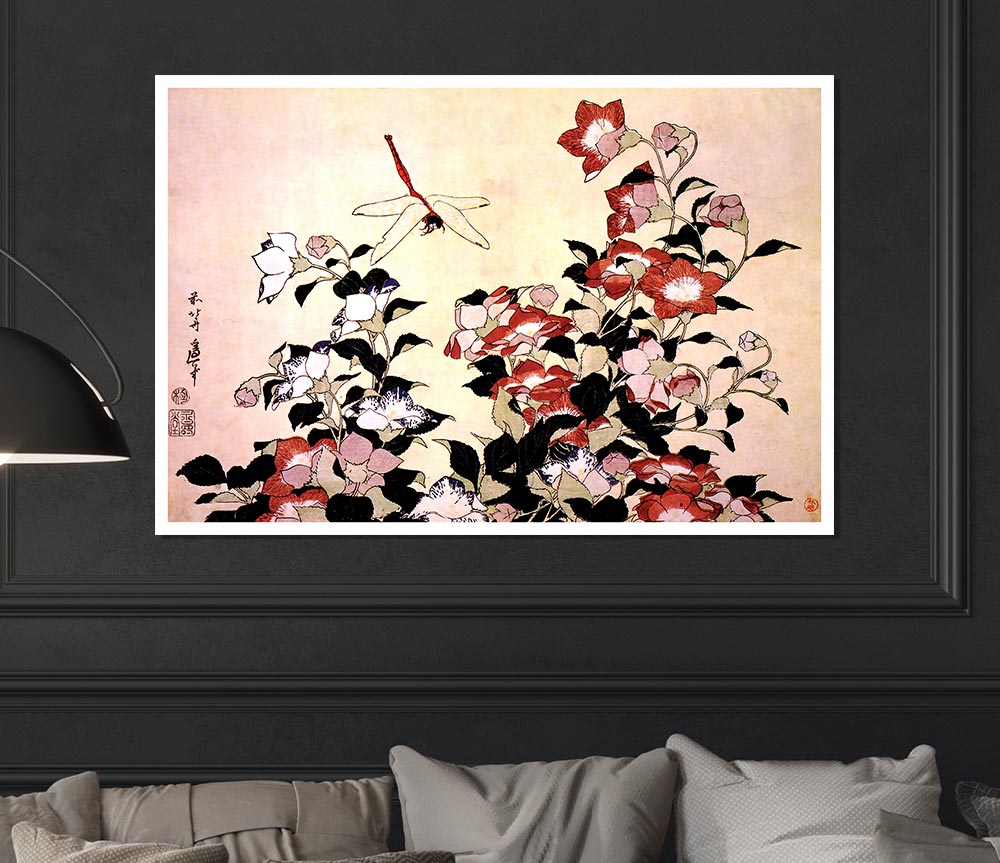 Hokusai Chinese Bell Flower And Dragon Fly Print Poster Wall Art