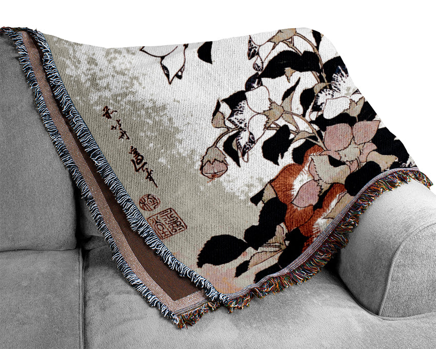 Hokusai Chinese Bell Flower And Dragon-Fly Woven Blanket