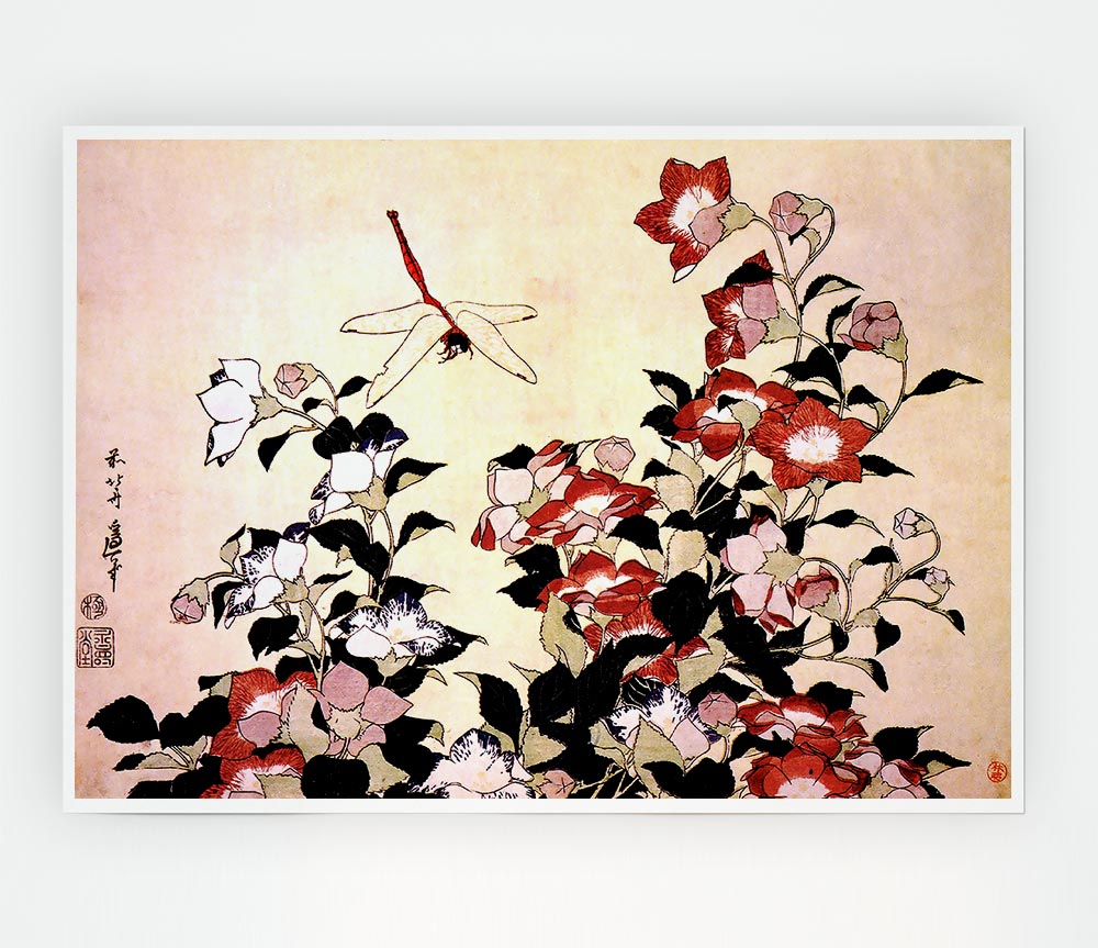 Hokusai Chinese Bell Flower And Dragon Fly Print Poster Wall Art