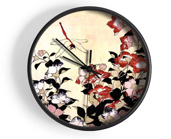 Hokusai Chinese Bell Flower And Dragon-Fly Clock - Wallart-Direct UK