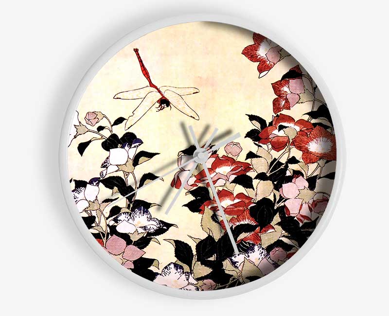 Hokusai Chinese Bell Flower And Dragon-Fly Clock - Wallart-Direct UK