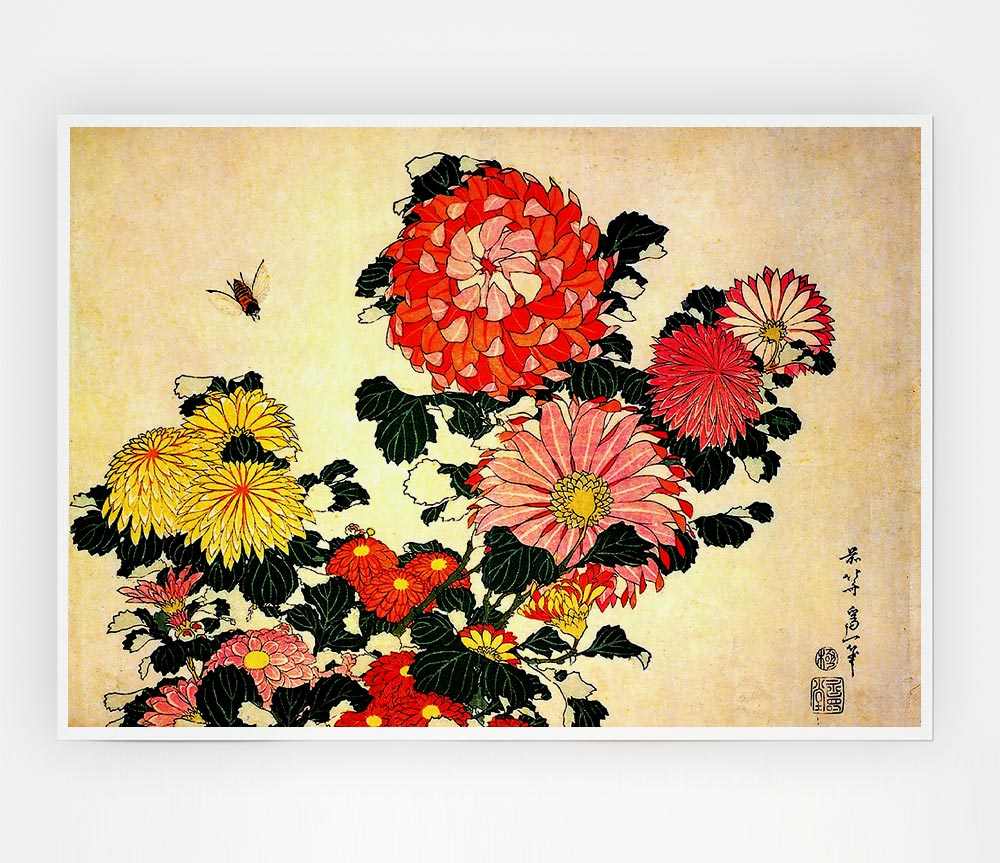 Hokusai Chrysanthemum And Bee Print Poster Wall Art