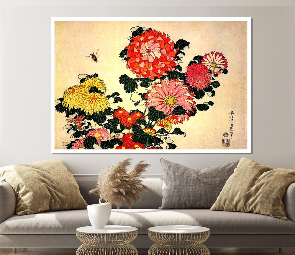 Hokusai Chrysanthemum And Bee Print Poster Wall Art