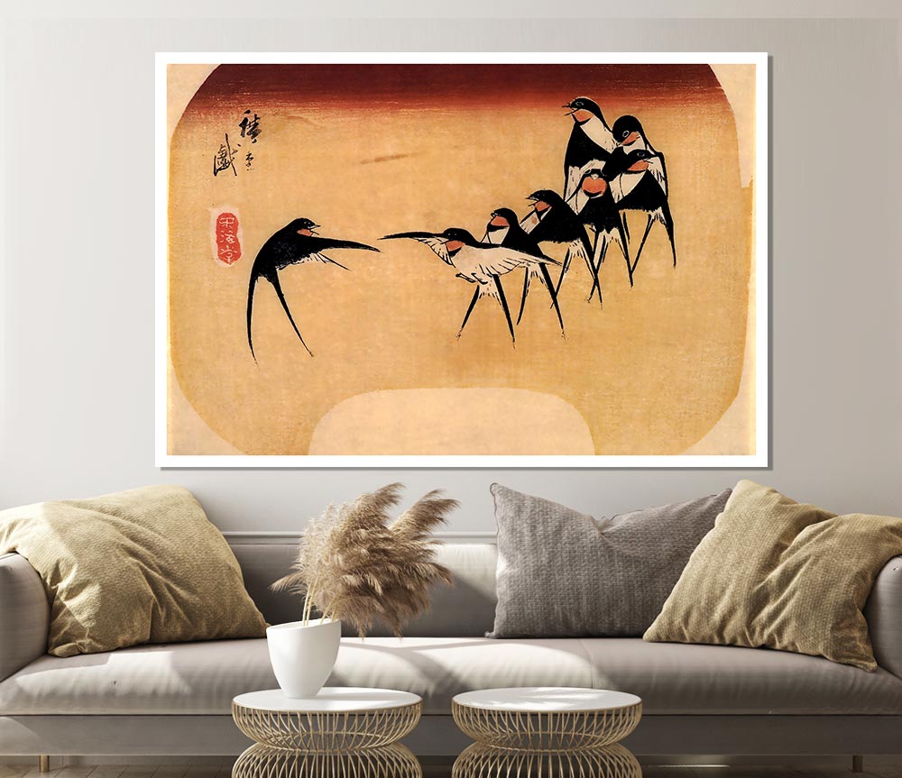 Hiroshige Dancing Swallows Print Poster Wall Art