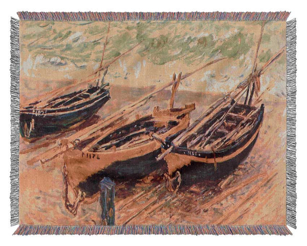 Monet Dock Of Etretat (Three Fishing Boats) Woven Blanket