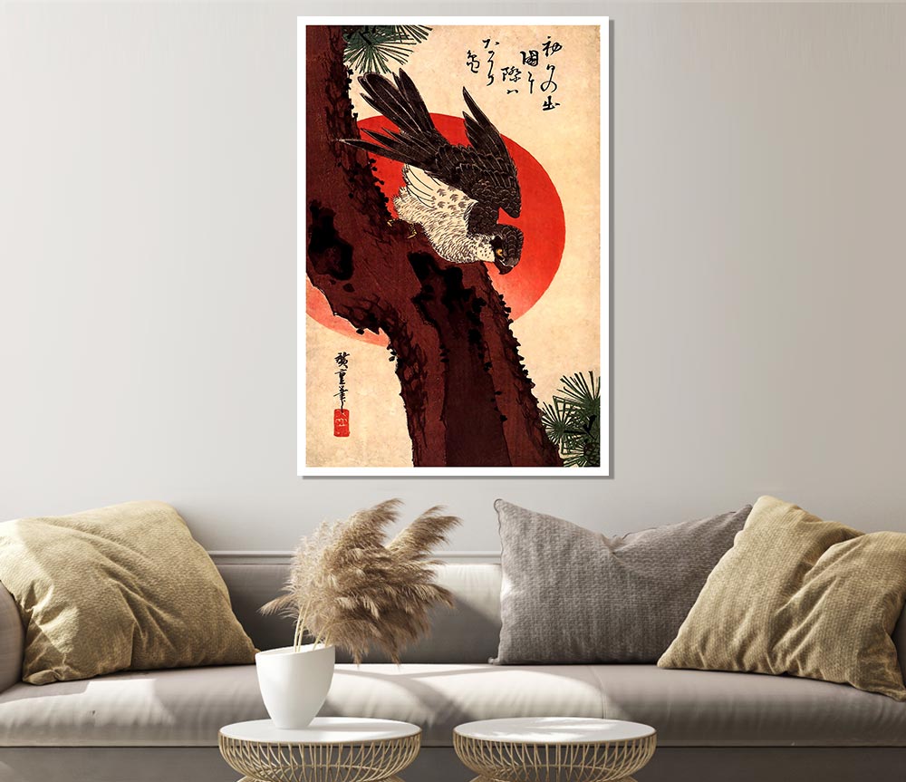 Hiroshige Falcon On A Pine With Rising Sun Print Poster Wall Art