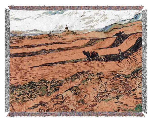 Van Gogh Field With Ploughman And Mill Woven Blanket