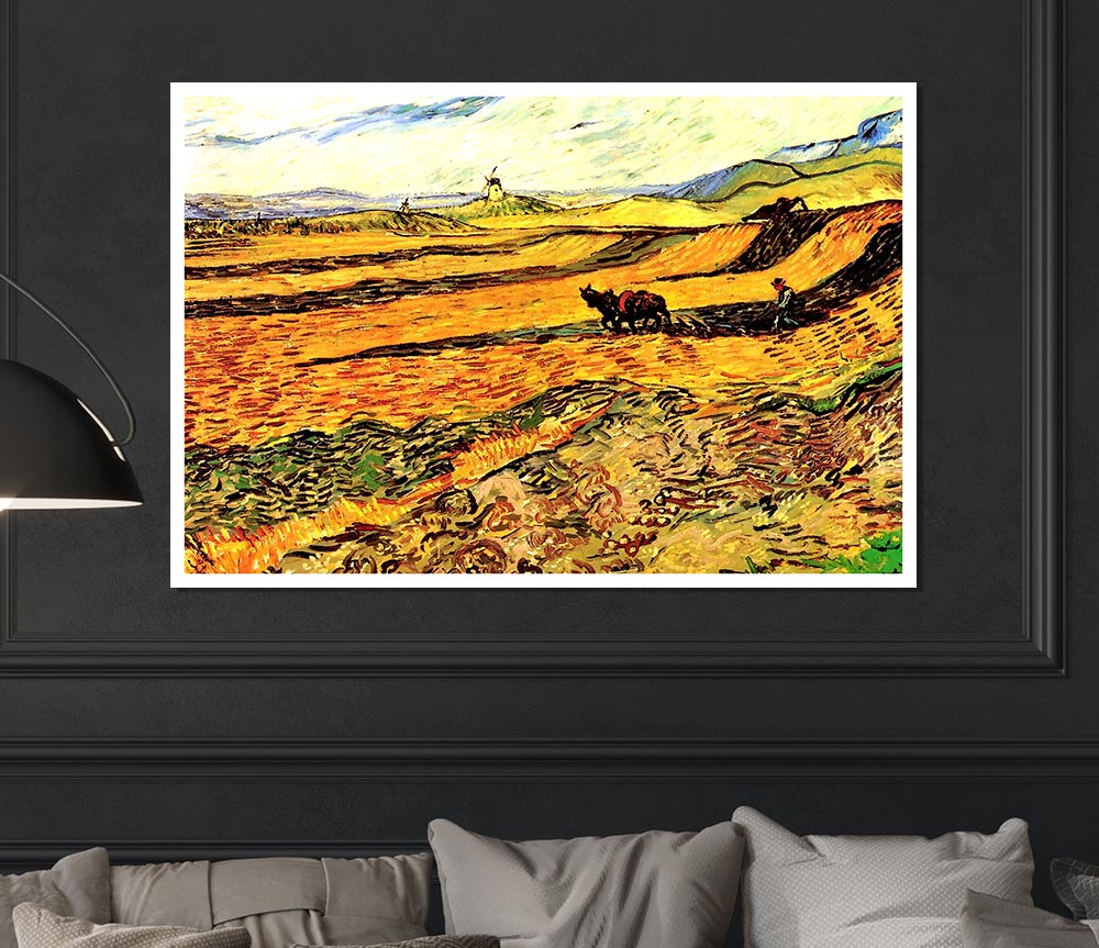 Van Gogh Field With Ploughman And Mill Print Poster Wall Art