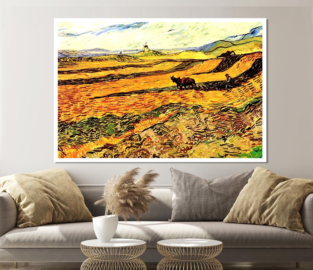 Van Gogh Field With Ploughman And Mill Print Poster Wall Art