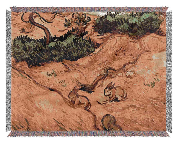 Van Gogh Field With Two Rabbits Woven Blanket