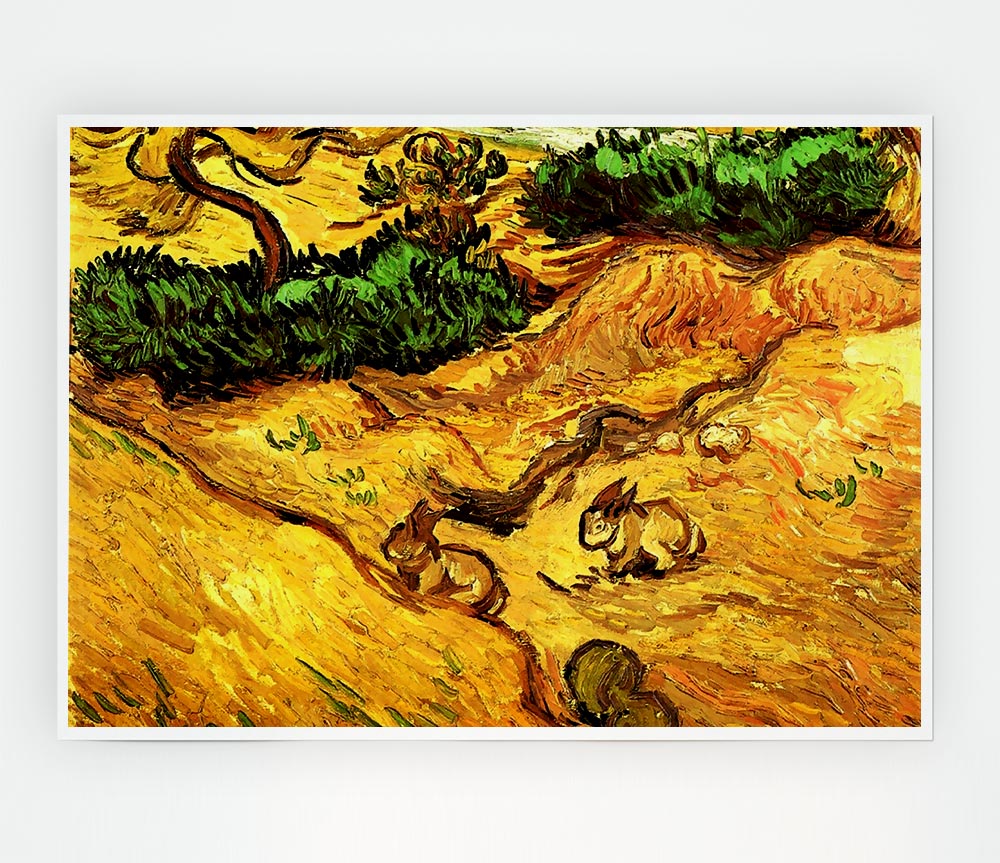 Van Gogh Field With Two Rabbits Print Poster Wall Art