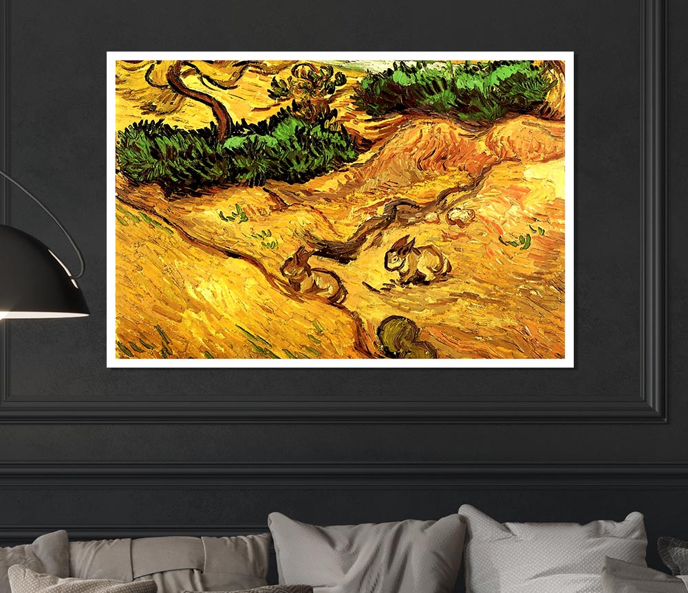 Van Gogh Field With Two Rabbits Print Poster Wall Art