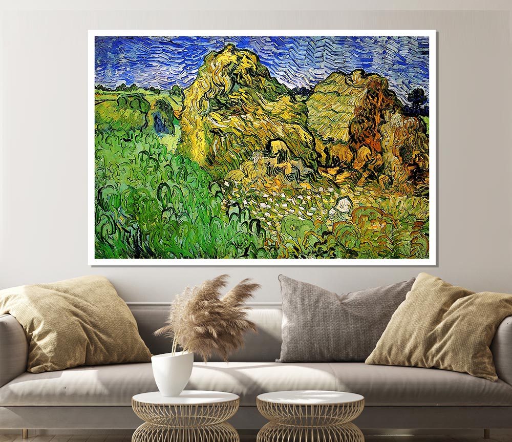 Van Gogh Field With Wheat Stacks Print Poster Wall Art