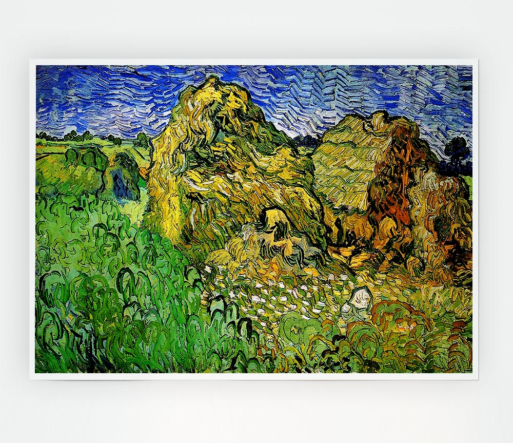 Van Gogh Field With Wheat Stacks Print Poster Wall Art