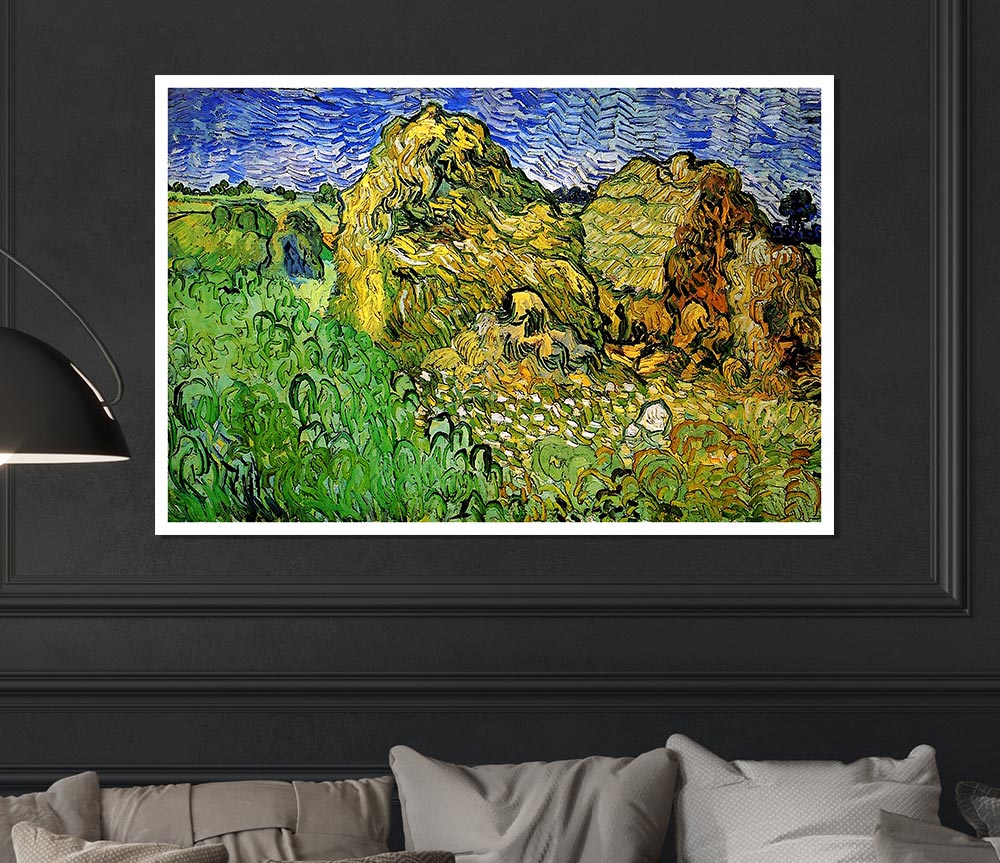 Van Gogh Field With Wheat Stacks Print Poster Wall Art