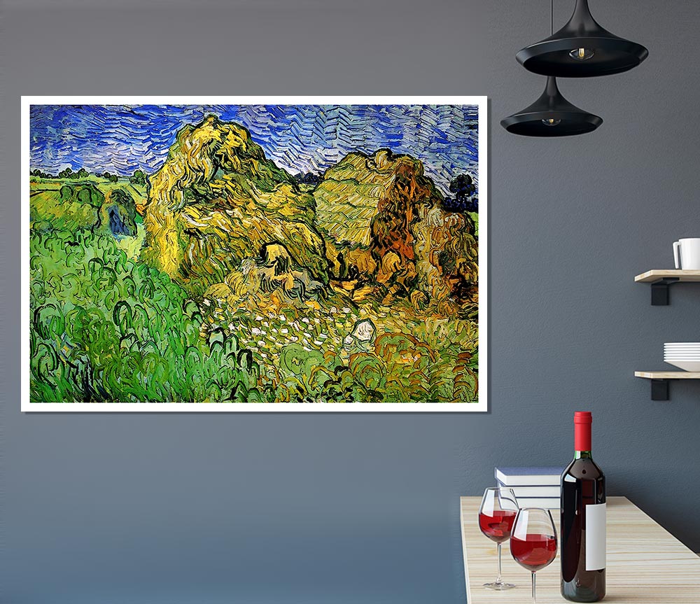 Van Gogh Field With Wheat Stacks Print Poster Wall Art