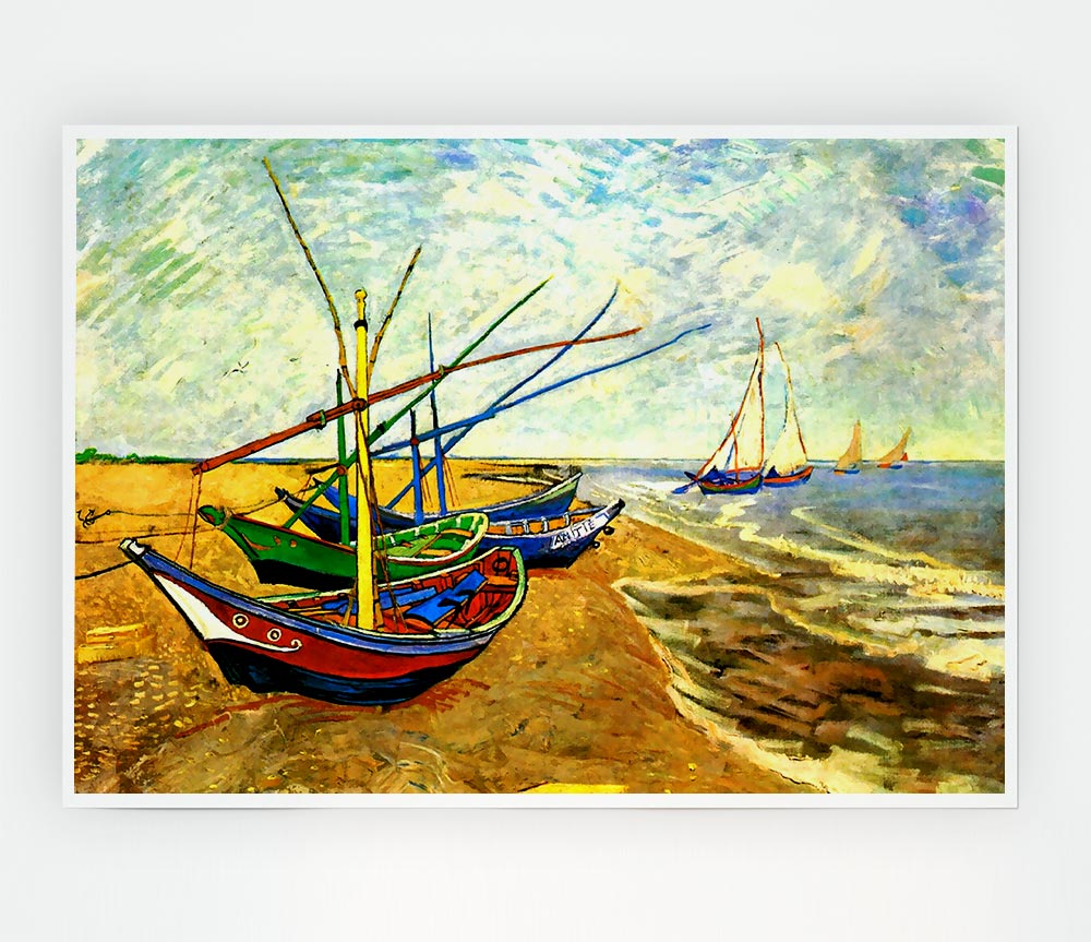 Van Gogh Fishing Boats On The Beach At Saintes Maries Print Poster Wall Art