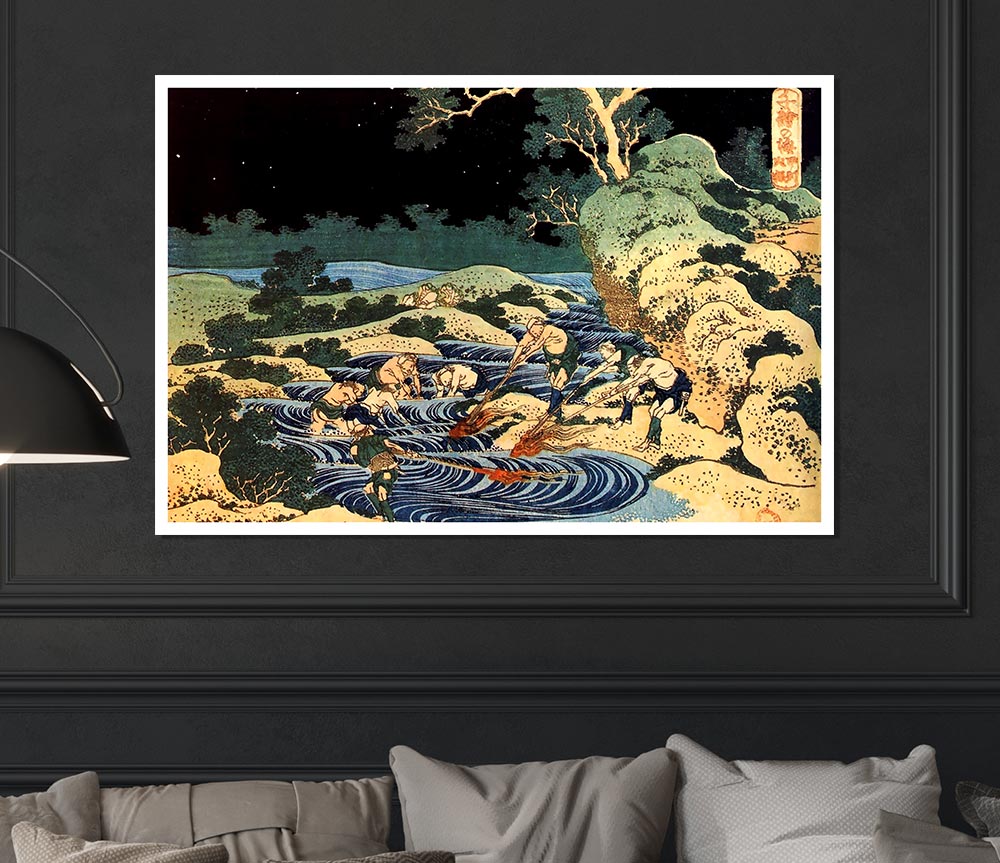 Hokusai Fishing With Torches Print Poster Wall Art