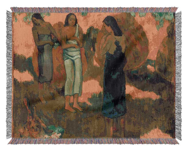 Gauguin Three Tahitain Women Against A Yellow Background Woven Blanket