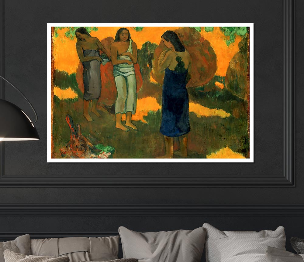 Gauguin Three Tahitain Women Against A Yellow Background Print Poster Wall Art