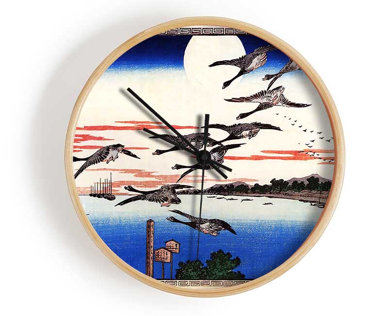 Hiroshige Geese Descending Over A Bay Clock - Wallart-Direct UK