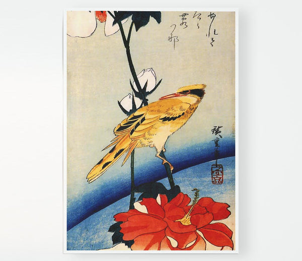 Hiroshige Golden Oriole On A Hibiscus Branch Print Poster Wall Art