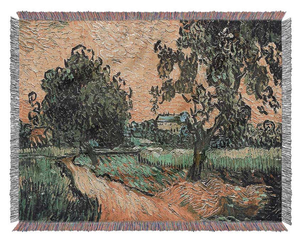 Van Gogh Landscape With Castle Auvers At Sunset Woven Blanket